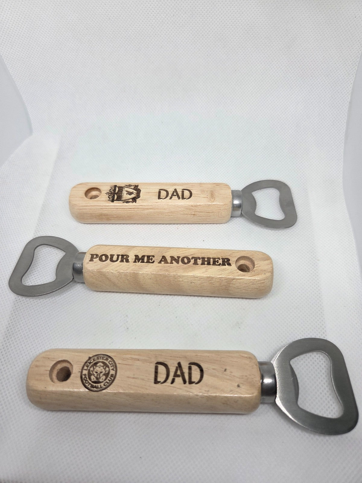 Personalised wooden bottle opener, football teams, names, quotes