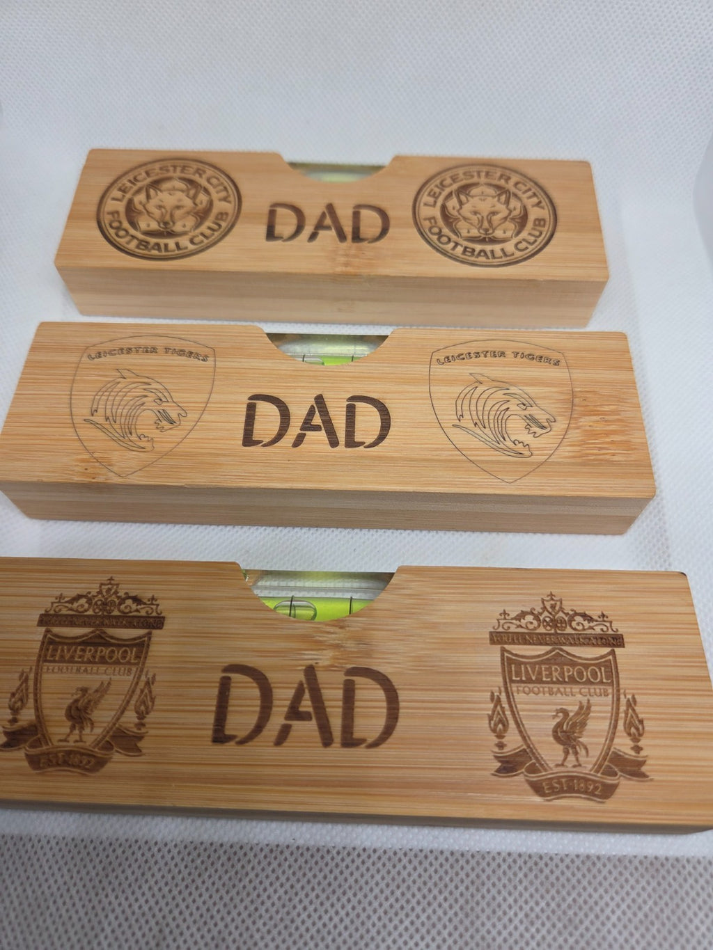 Personalised wooden spirit level and bottle opener, Dad, Mum, Football team