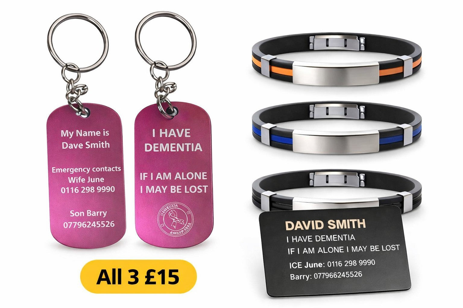 Personalised Emergency ID Set £15 Discreet Engraved Emergency ID Items Gift UK